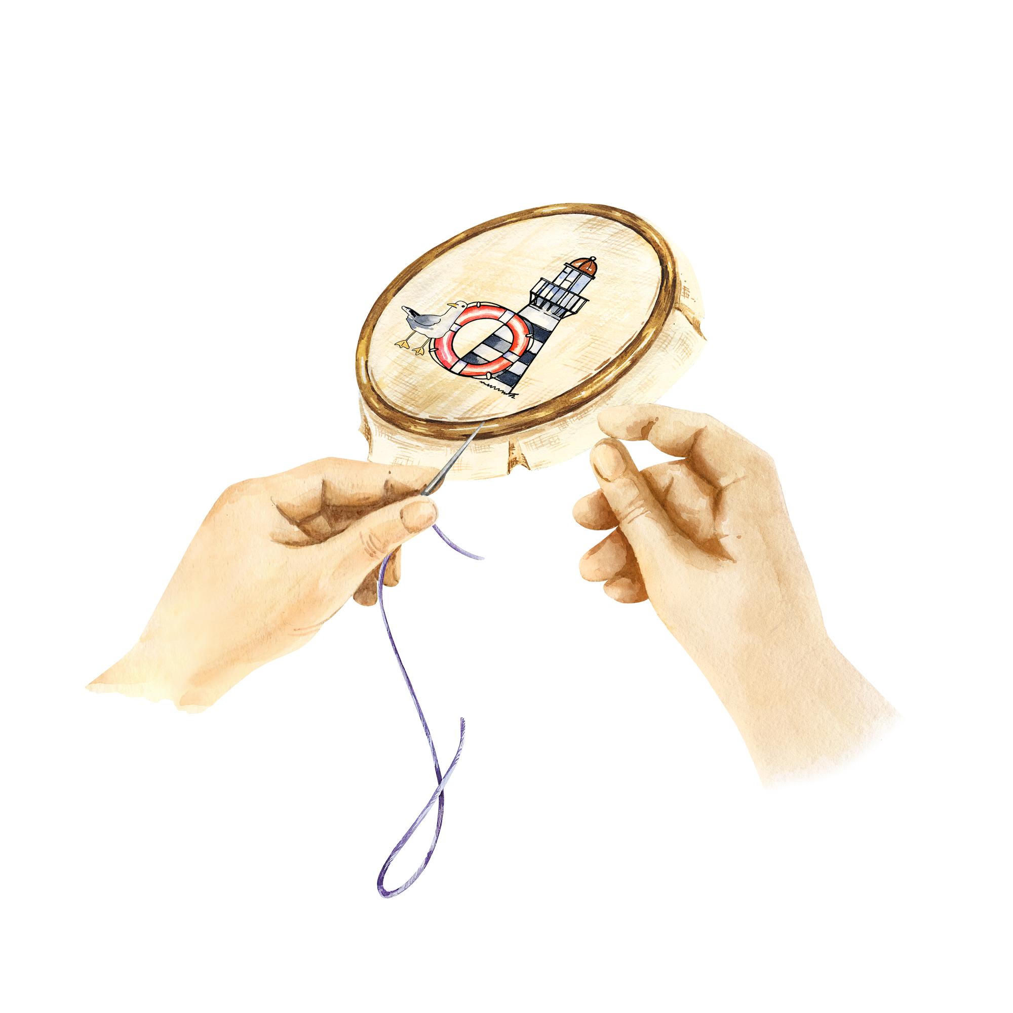 Student working on hoop with bright threads